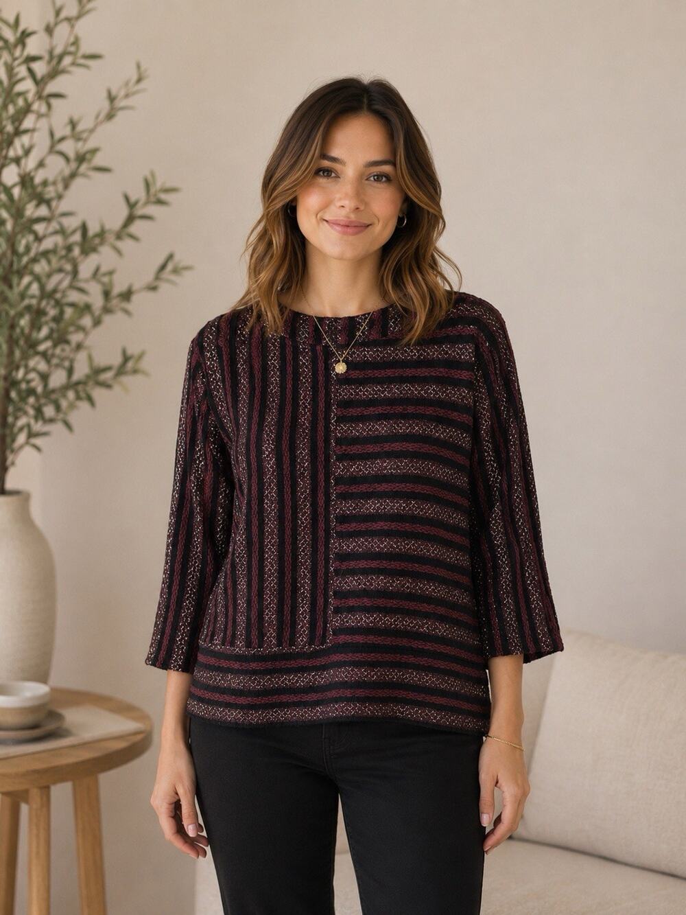 Anthropologie Akemin Kin Celeste Metallic Striped Pullover Top Burgundy Black
